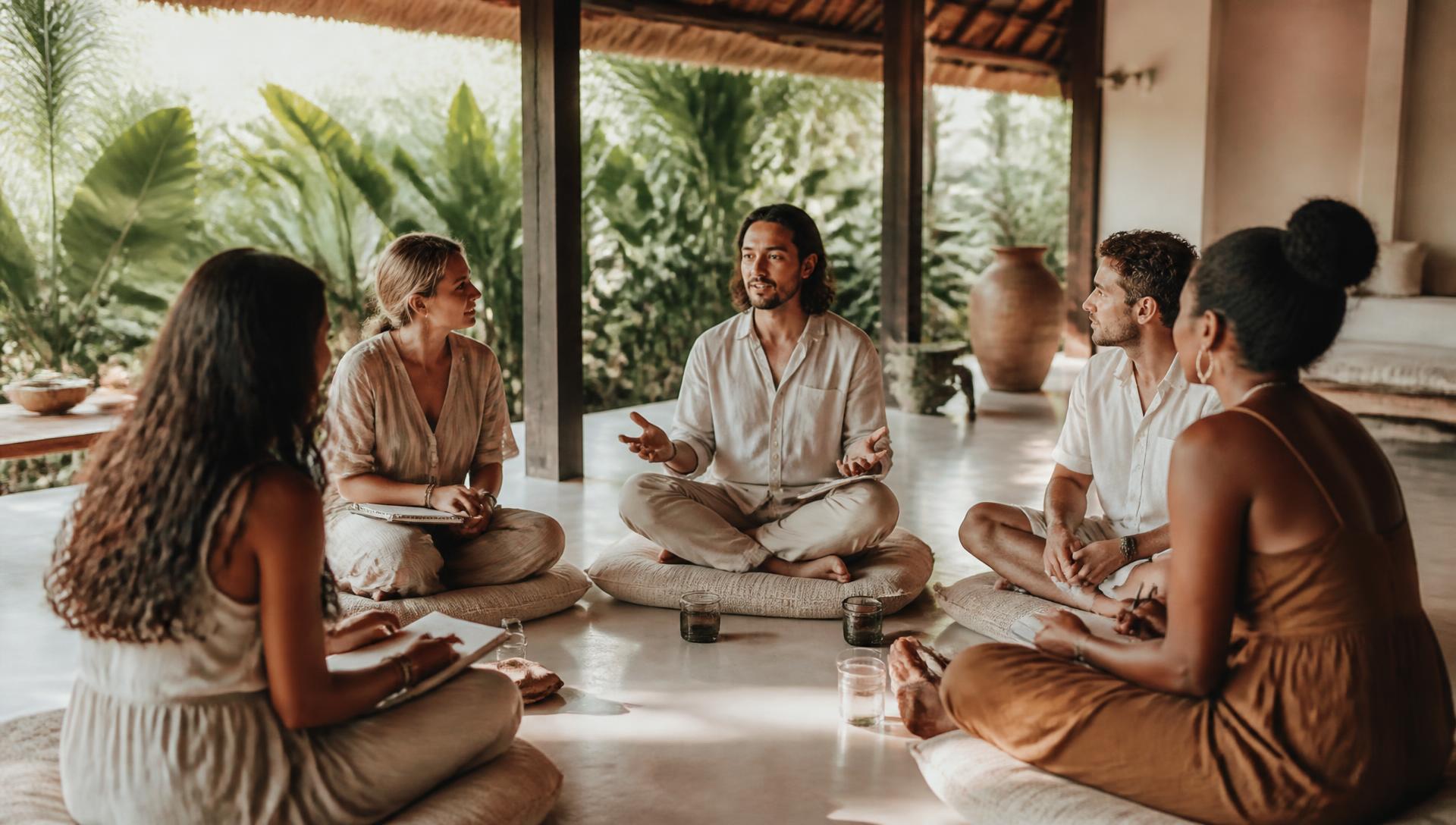 Retreat guests seated in a circle on cushions in an open-air villa during a workshop